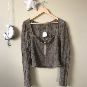 Free people brown long sleeve cropped top peasant broderie anglaise crochet